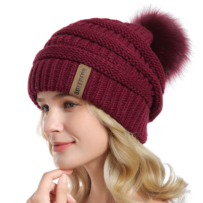 QUEENFUR Women Knit Slouchy Beanie Chunky Baggy Hat with Faux Fur Pompom Winter Soft Warm Ski Cap - Image 2
